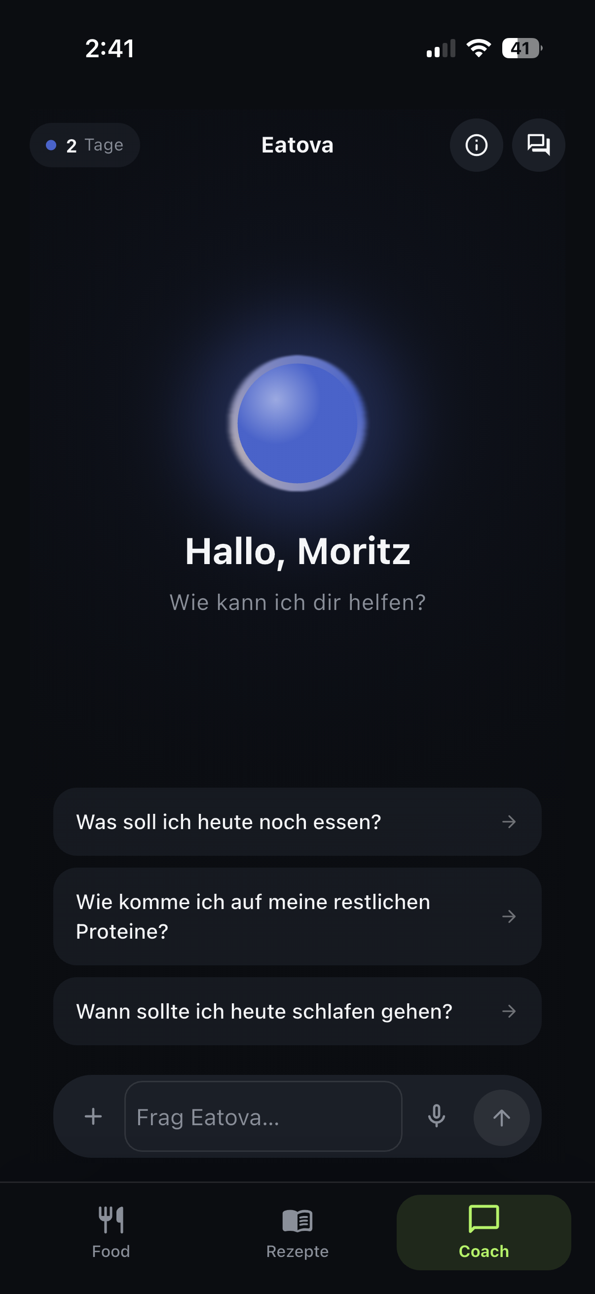 Eatova Coach-Tab: KI-Chat mit persönlicher Begrüßung und Vorschlägen