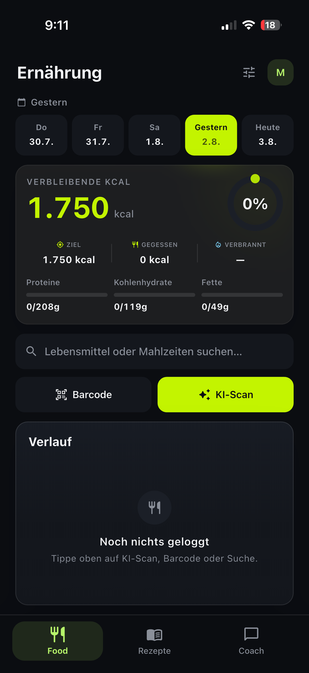 Eatova Food-Tab: Kalorienübersicht mit Makros, KI-Scan und Barcode