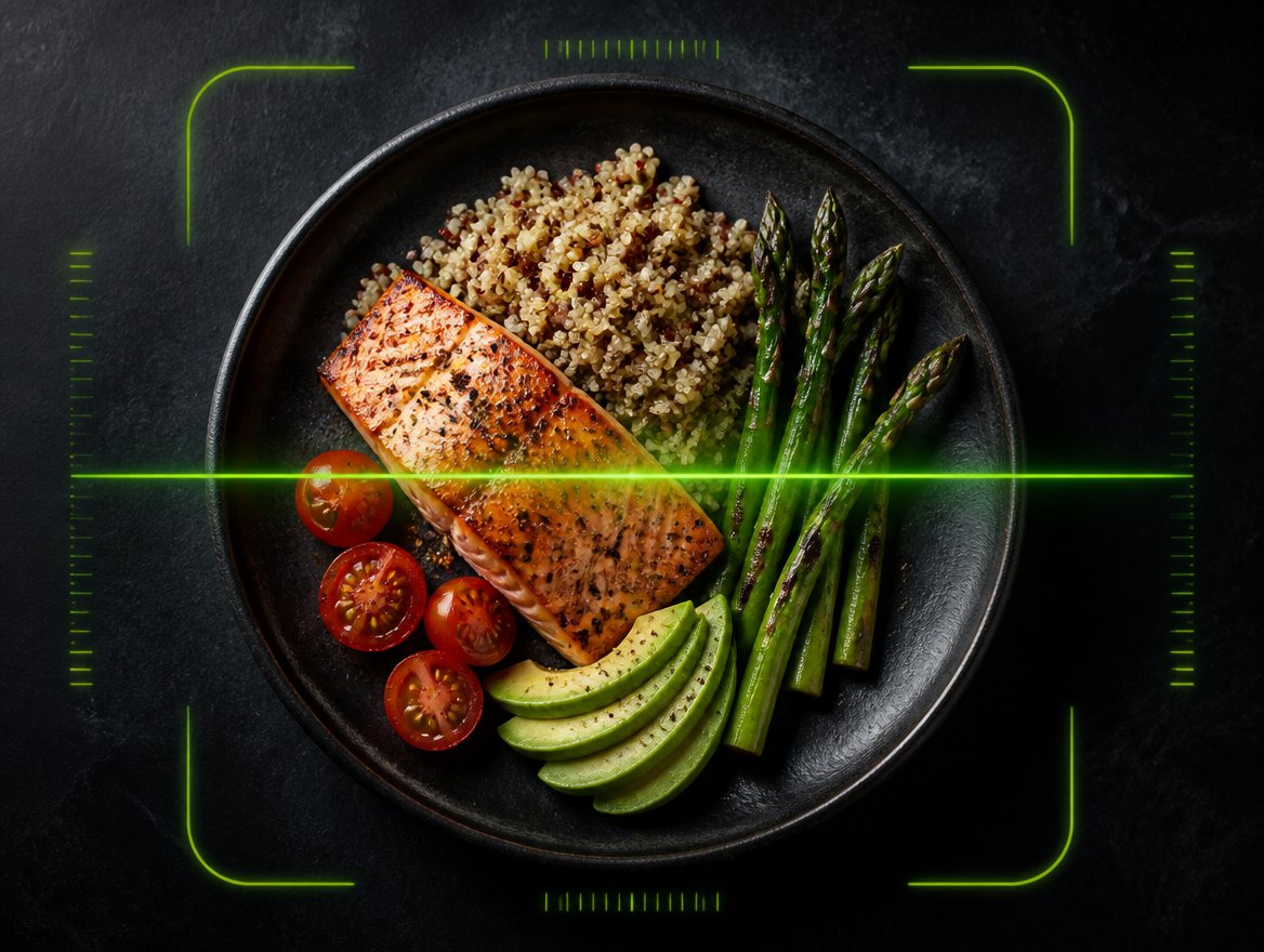 KI-Scan erkennt Lachs, Quinoa, Spargel und Avocado auf einem Teller