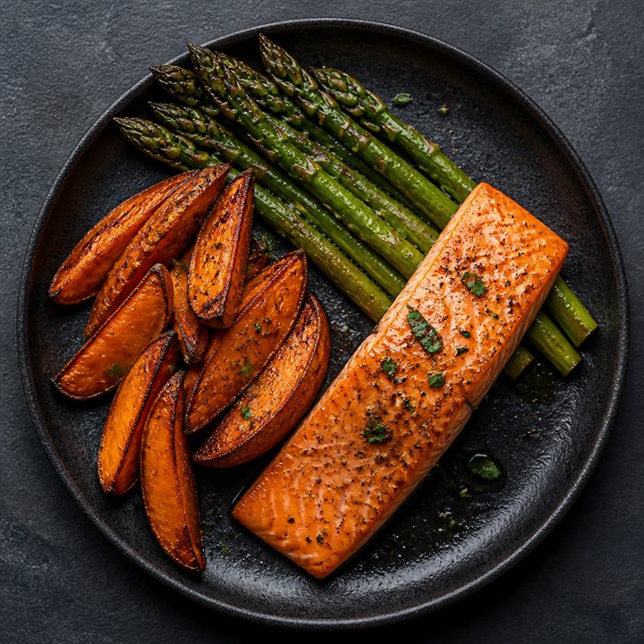 Lachs mit Süßkartoffel und Spargel auf dunklem Teller